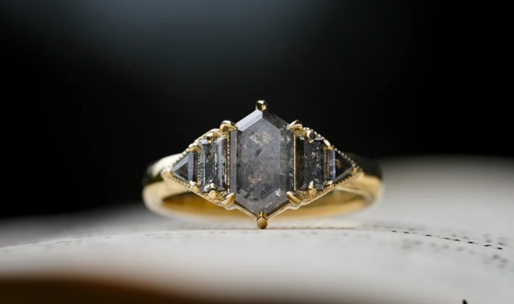 Salt and pepper diamond hexagon engagement ring