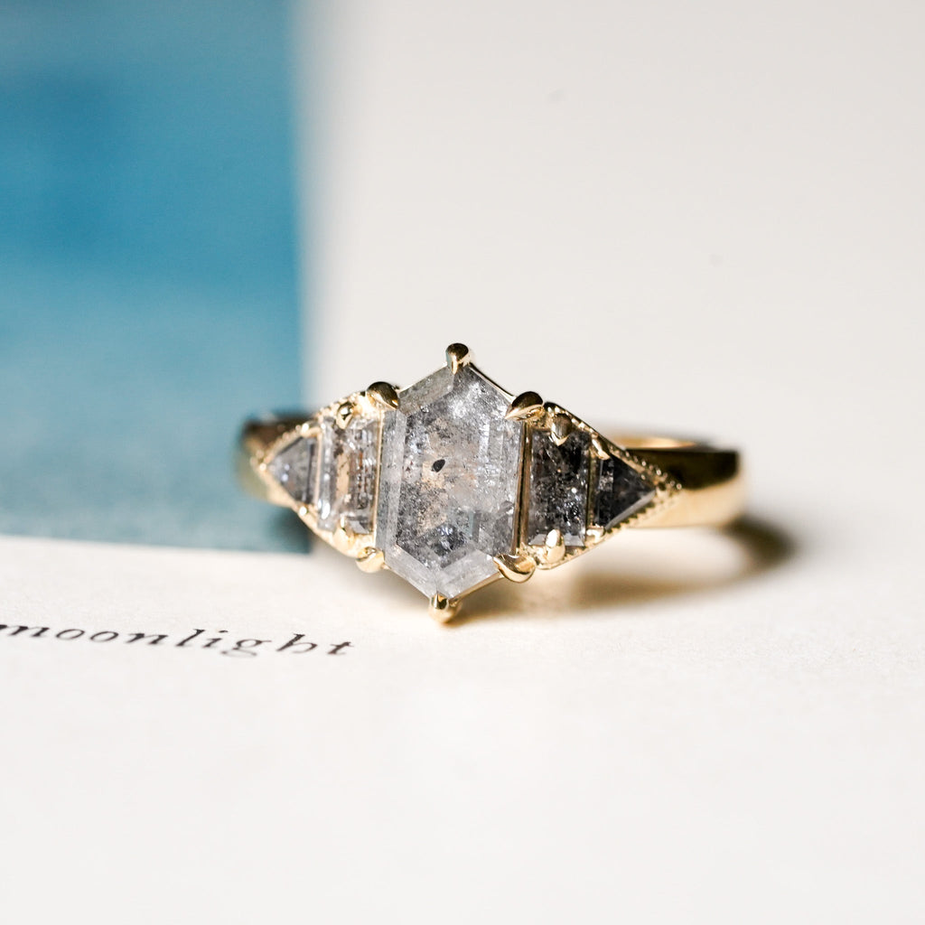 custom Nyx witchy engagement ring with salt and pepper diamond