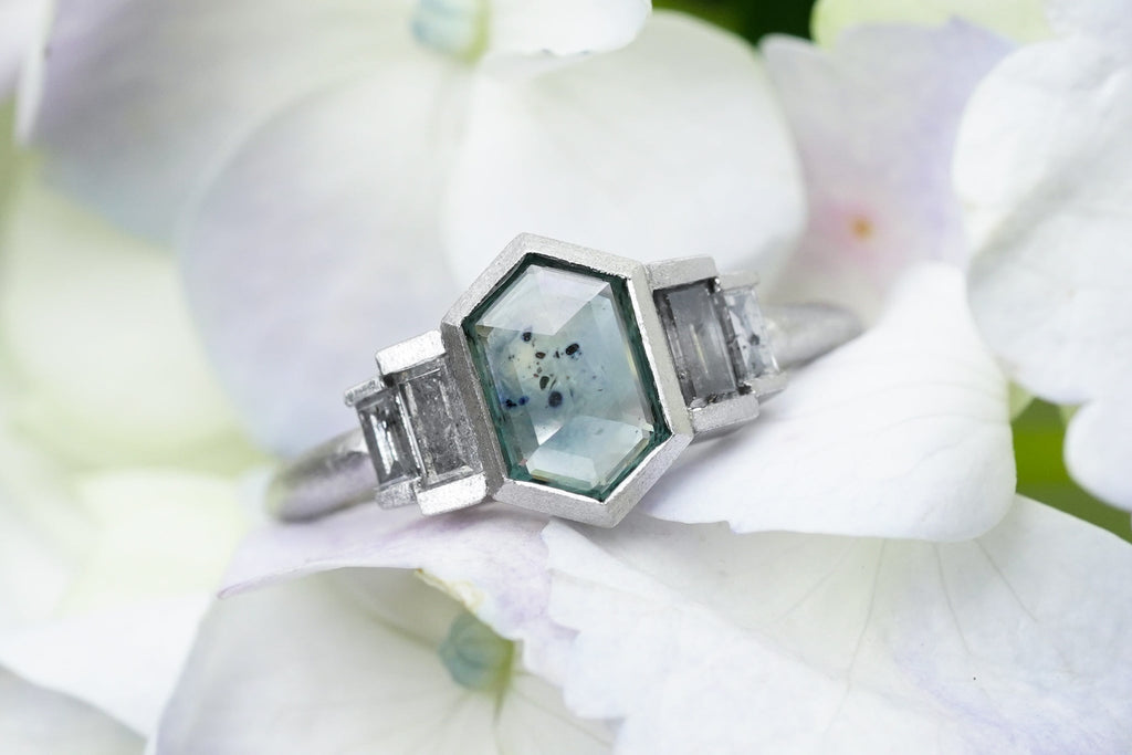 Hexagon Sapphire with Salt & Pepper Diamond Platinum Engagement Ring