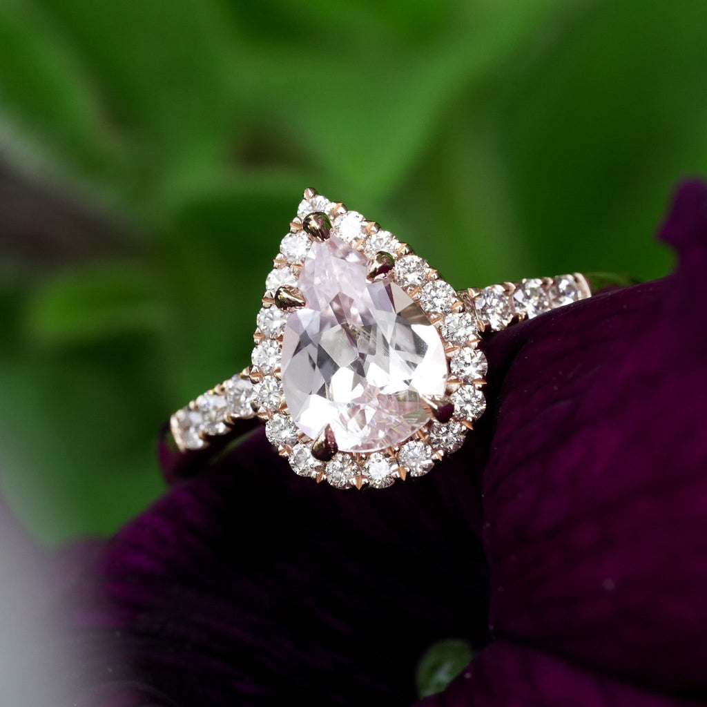 Pear Pink Sapphire with Diamond Halo in Rose Gold