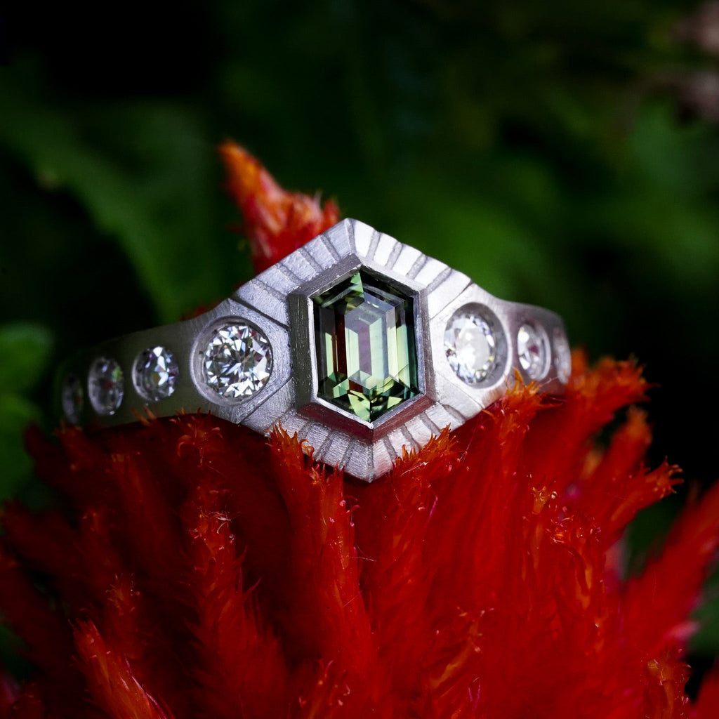 Sapphire Hexagon & Heirloom Diamond Platinum Redesign