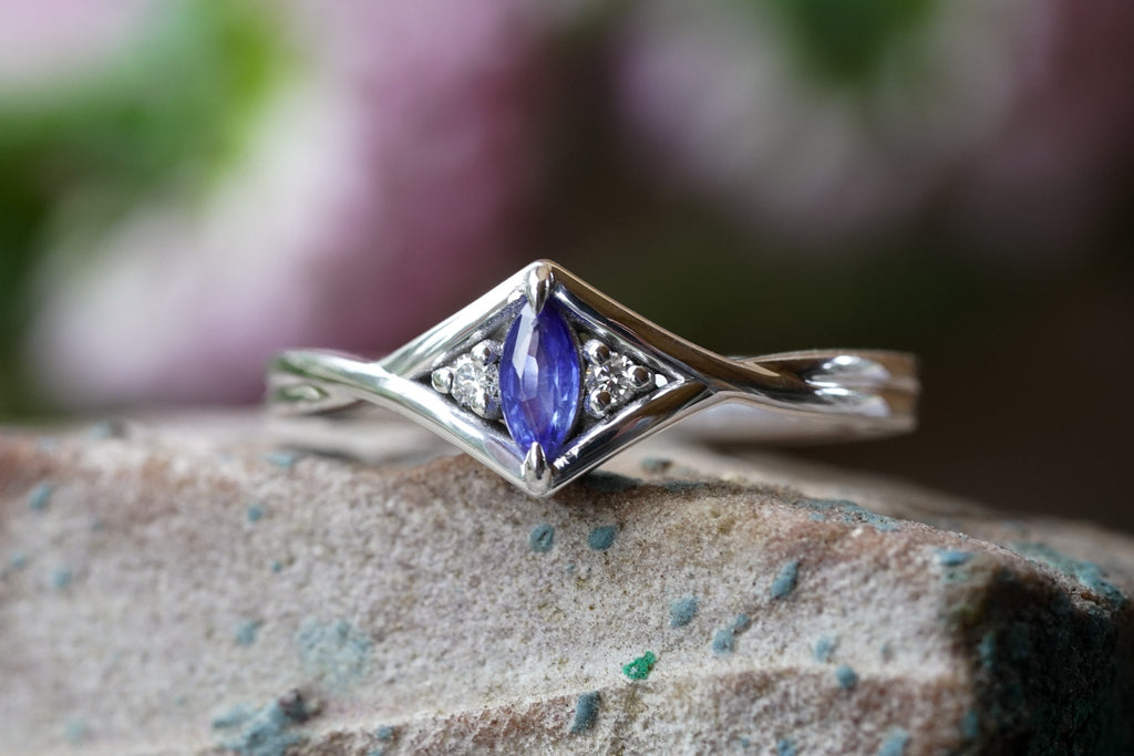 Marquis Sapphire and Diamond White Gold Engagement Ring