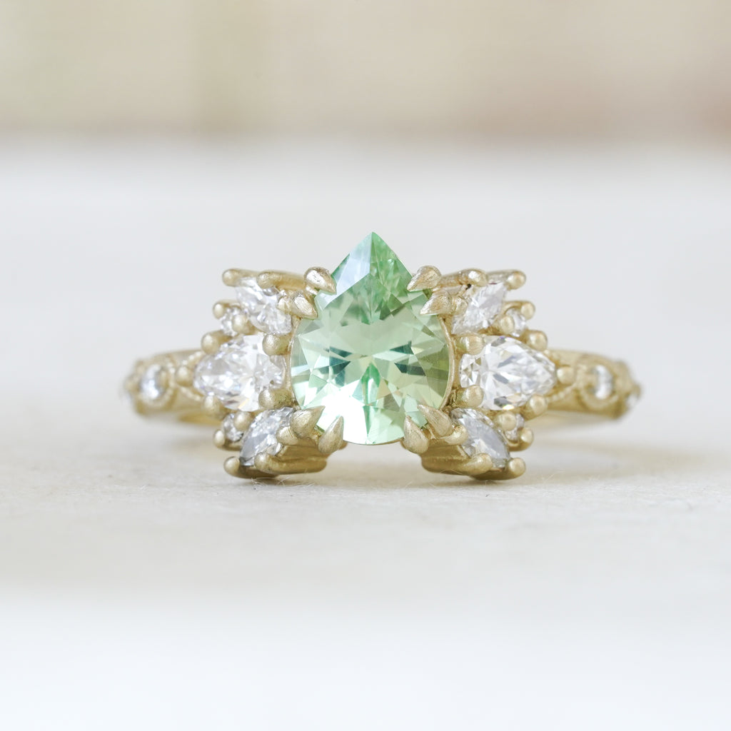 Green garnet and lab grown diamond botnical nature engagement ring