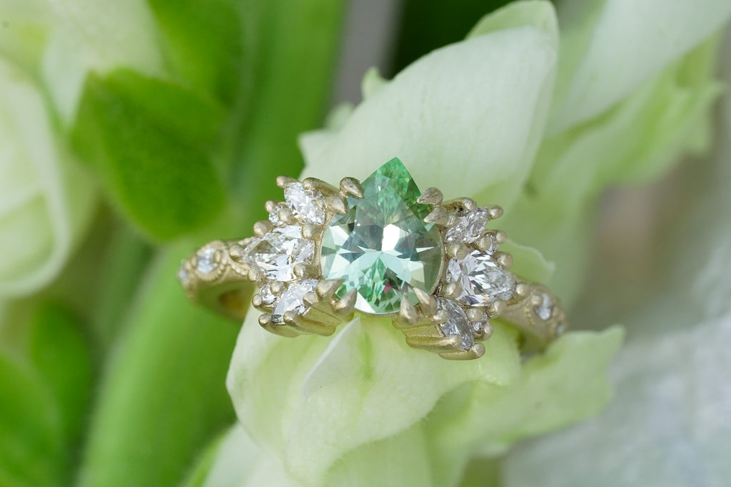 Butterfly floral lab diamond 14k gold engagement ring with mint garnet