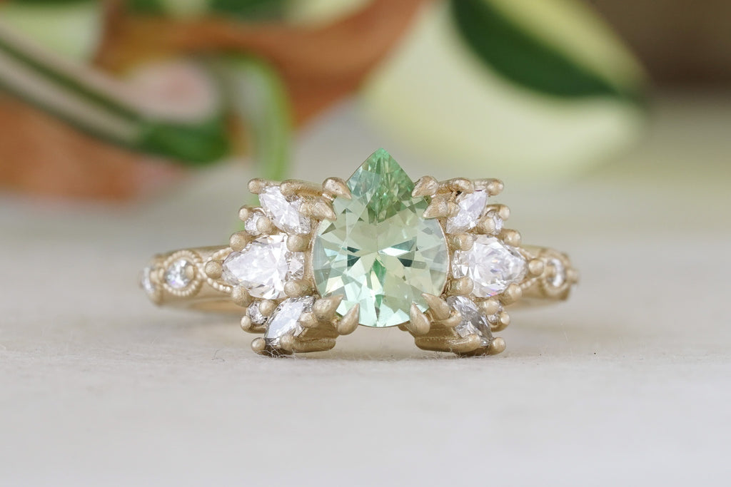 Merelani Green Garnet in a nature-inspired floral botnaical engagement ring in 14k yellow gold with lab diamonds