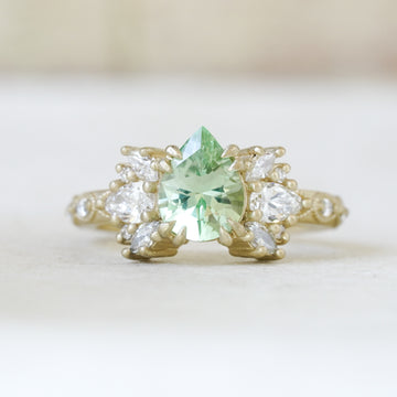 Green Garnet & Diamond botanical nature inspired engagement ring