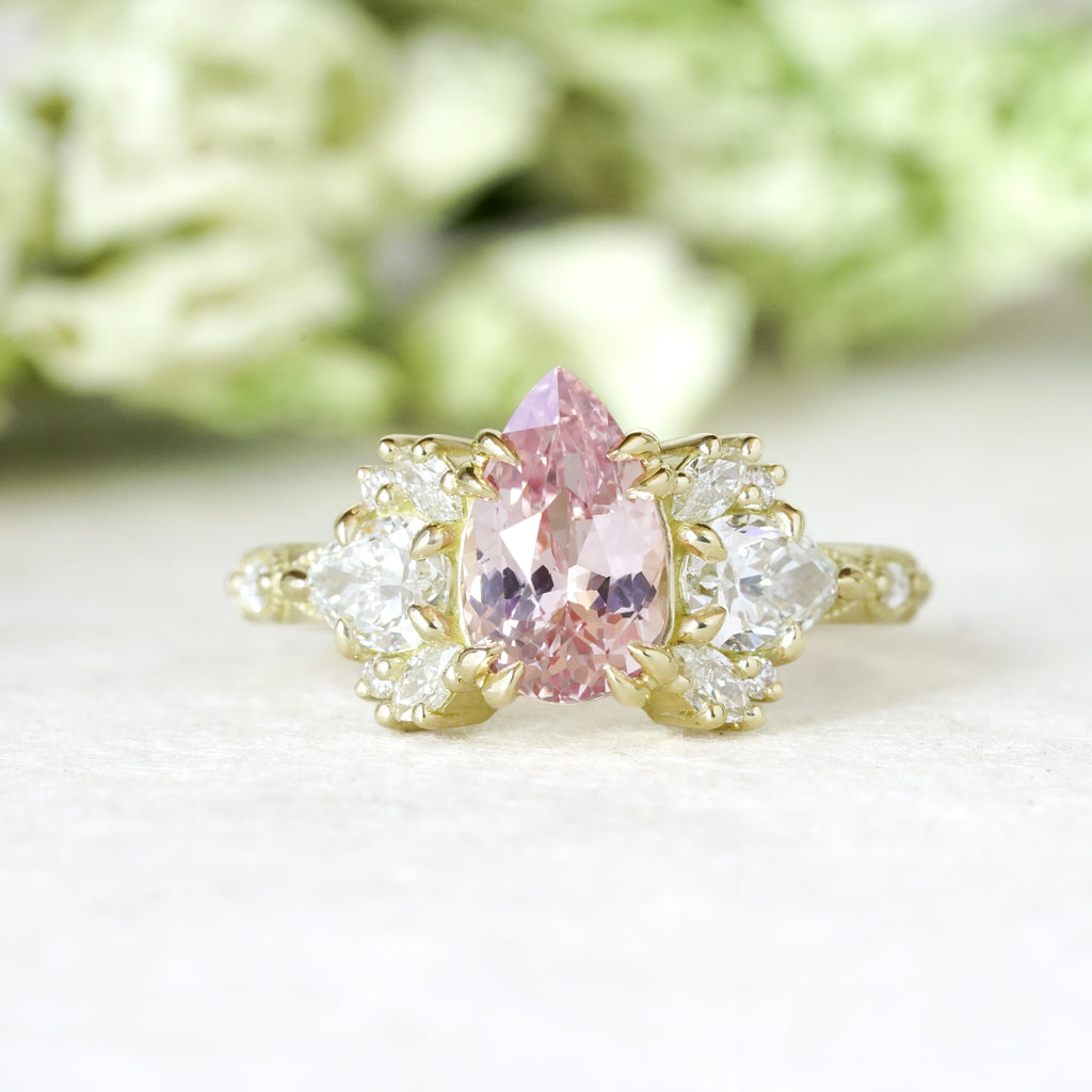 Padparadscha sapphire pear floral diamond engagement ring