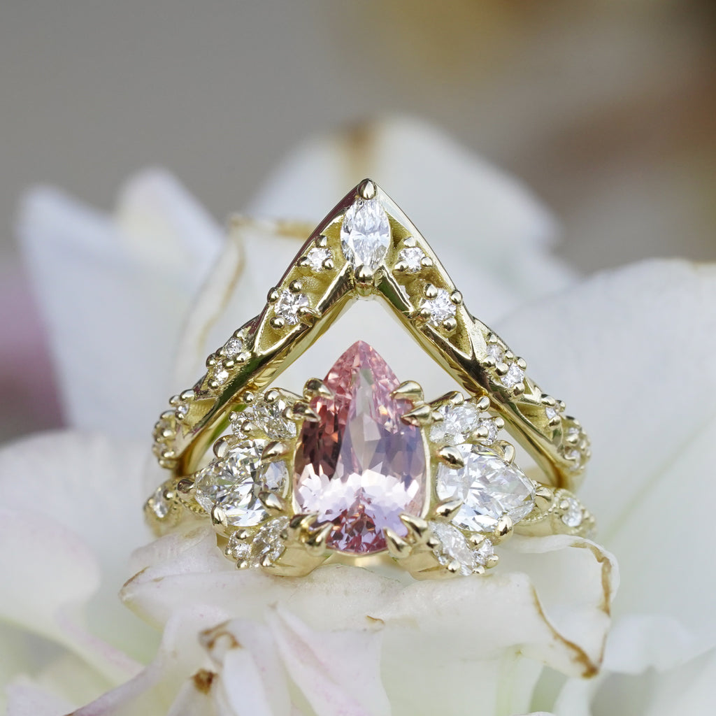 custom botanical bridal ring set in yellow gold
