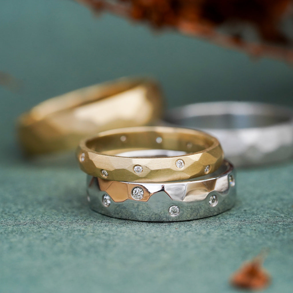 modern minimalist diamond wedding band in gold & platinum