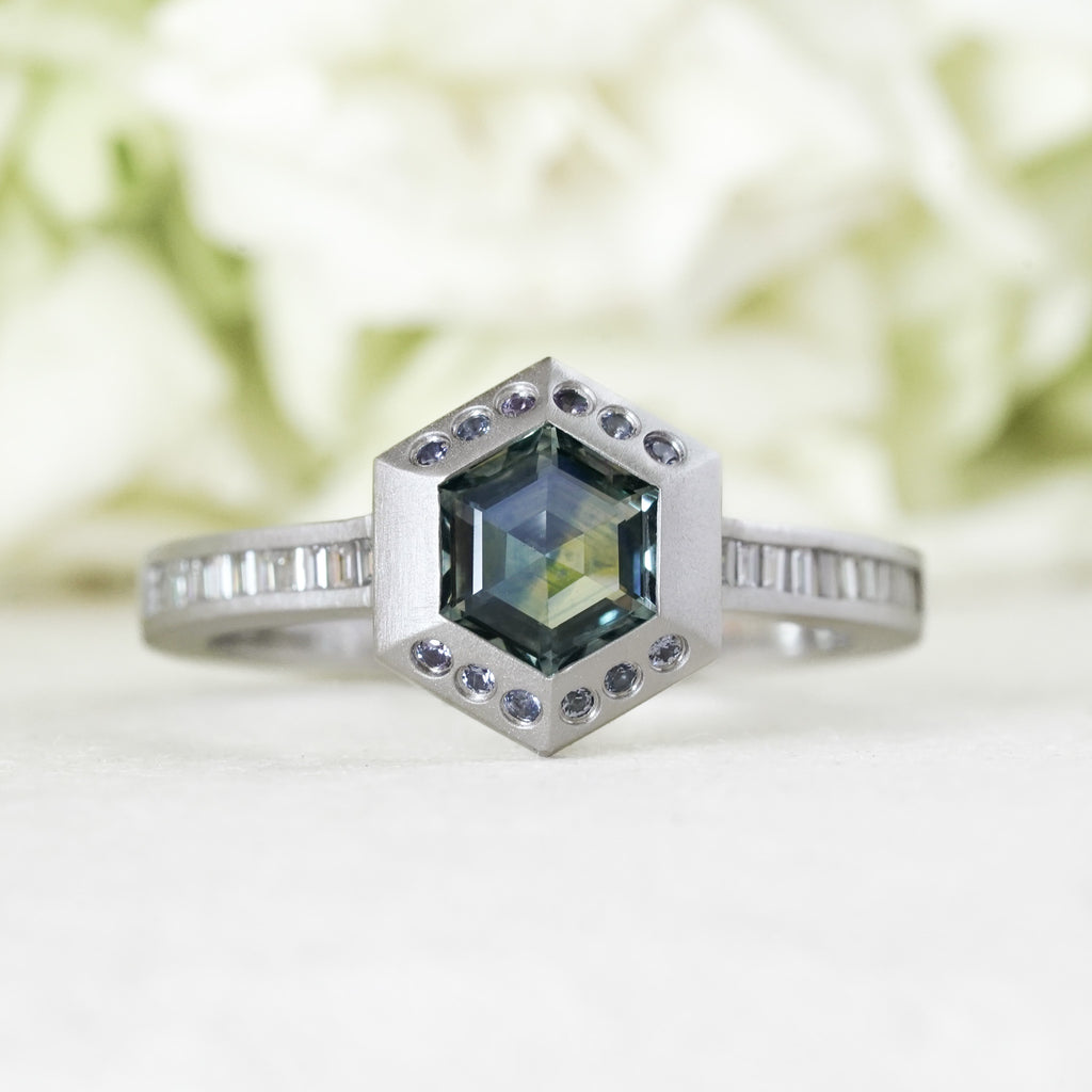 Montana sapphire wedding band with clean-line silhouette