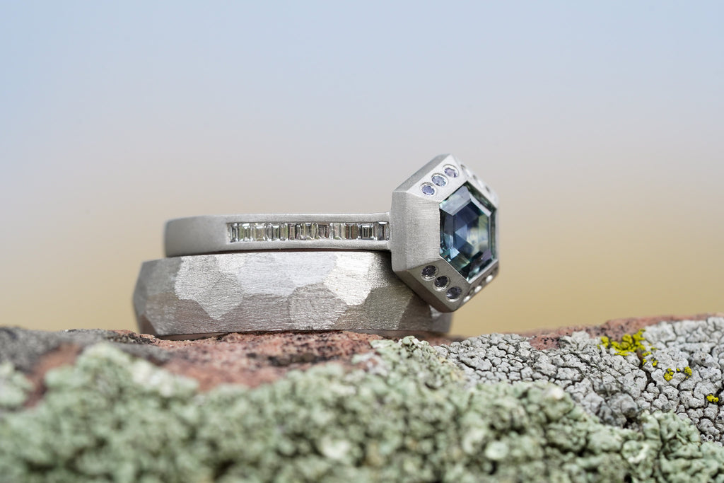 geometric engagement ring with hexagon Montana sapphire in platinum
