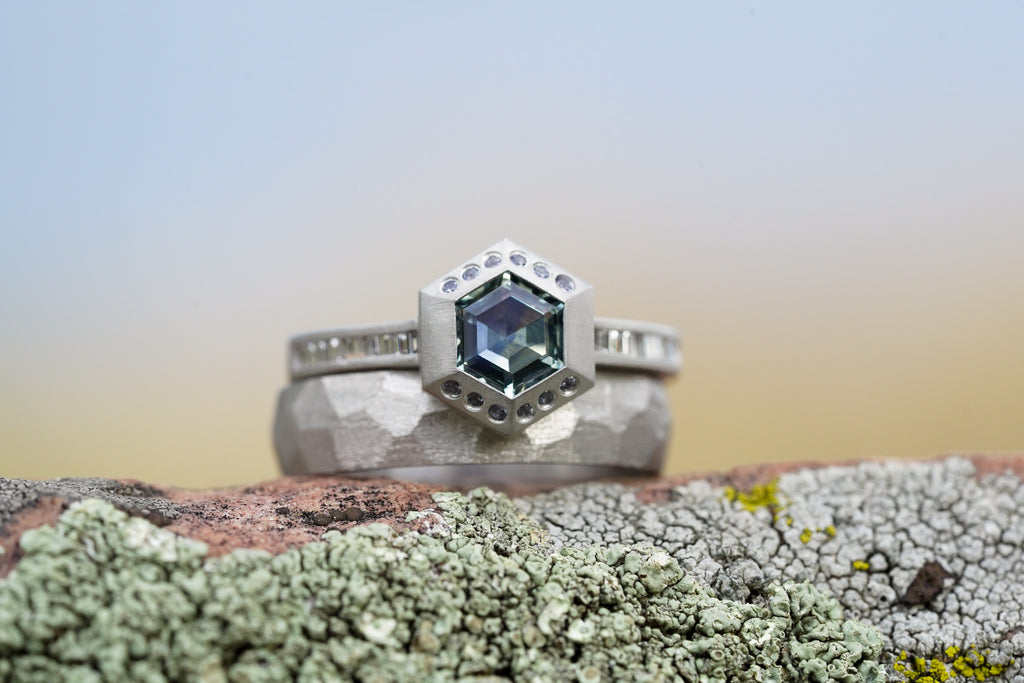 geometric engagement ring with hexagon Montana sapphire in platinum