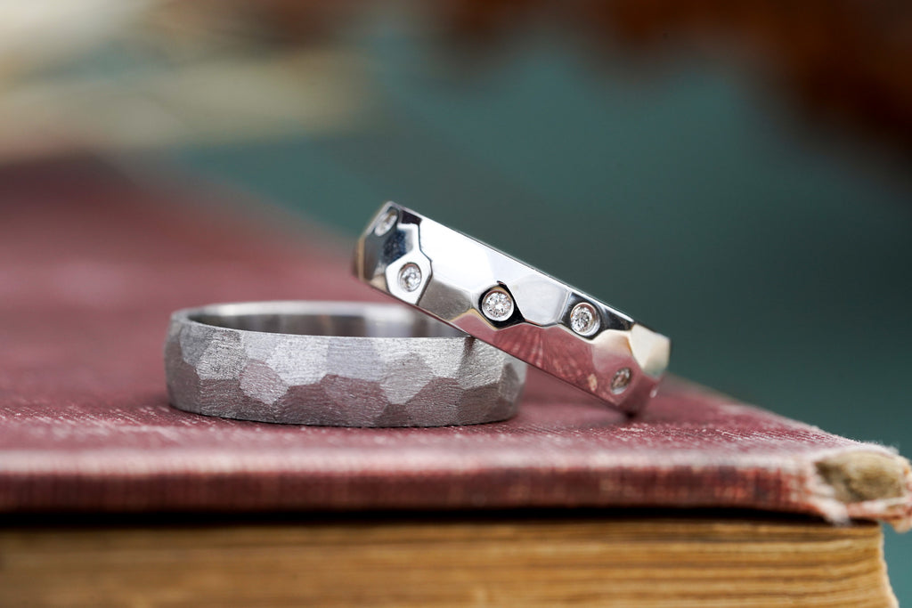 architect-inspired 5mm wedding ring in matte platinum & shiny white gold with diamonds