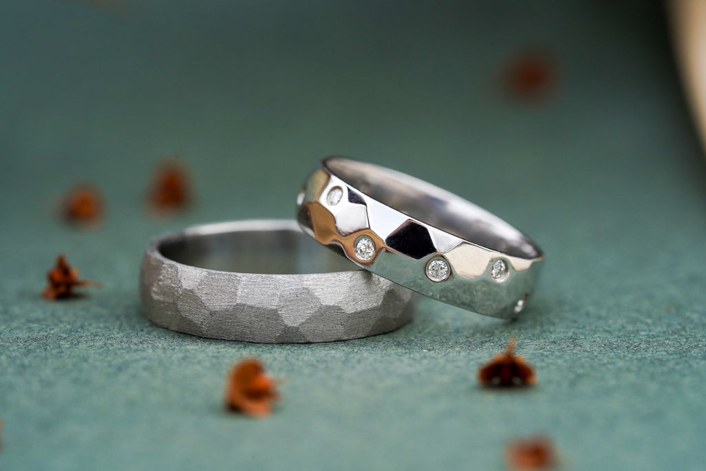 architect-inspired 5mm wedding ring in matte platinum & shiny white gold with diamonds
