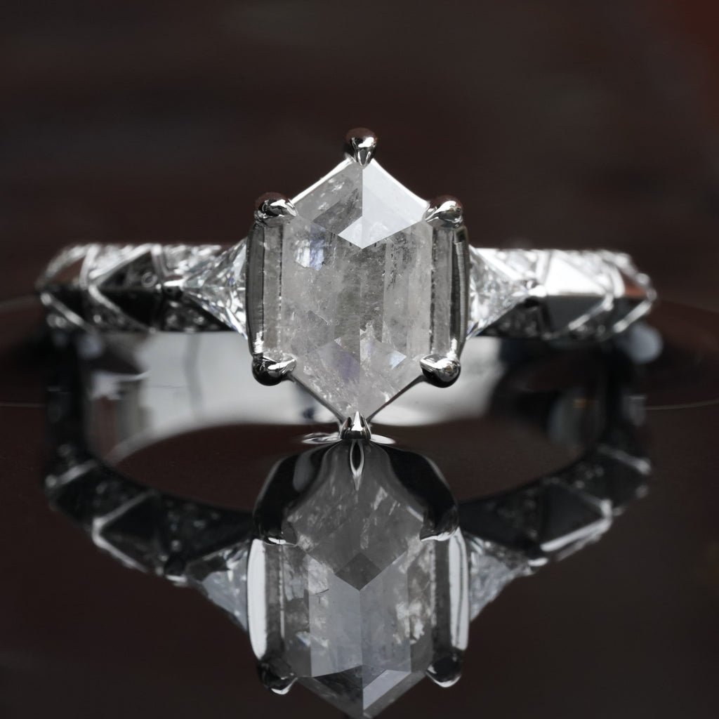 14k white gold icy hexagon diamond knife edge harlequin pattern engagement ring
