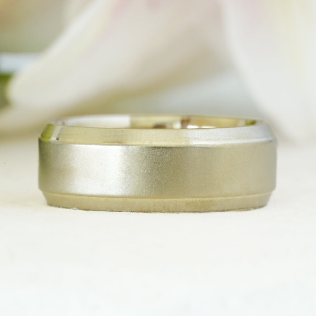 Mens beveled edge ring in a matte 14k yellow gold finish