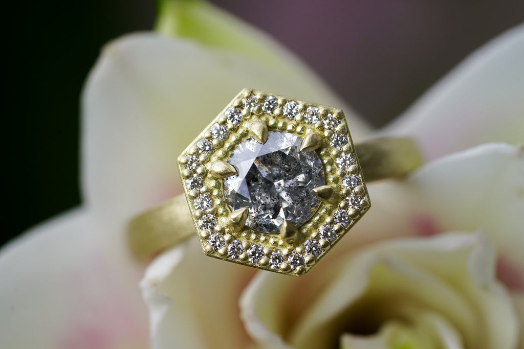 Chrysos vintage engagement ring in 18k yellow gold with salt & pepper diamond