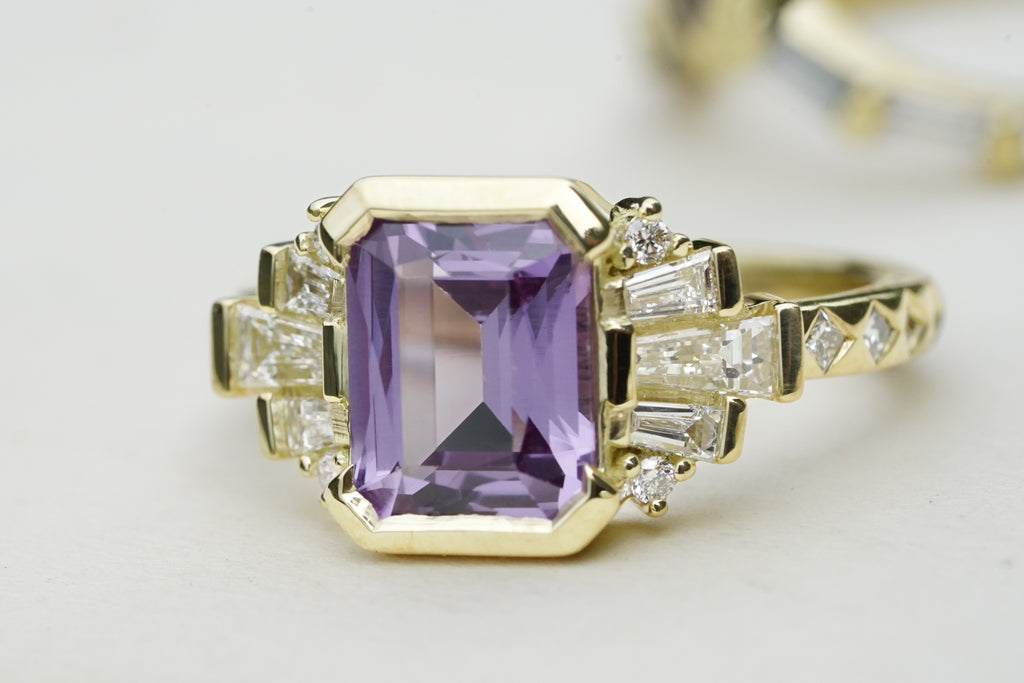 Custom Purple Alexandrite Harlow Engagement ring in 18k yellow gold 
