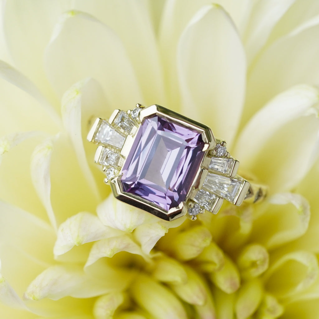 Custom Purple Alexandrite Harlow Engagement ring in 18k yellow gold 