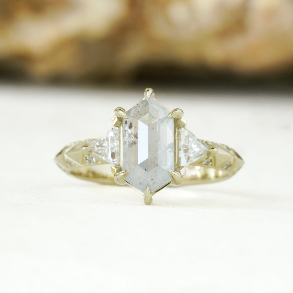 Salt and pepper diamond in 14k yellow gold harlequin pattern band engagement ring