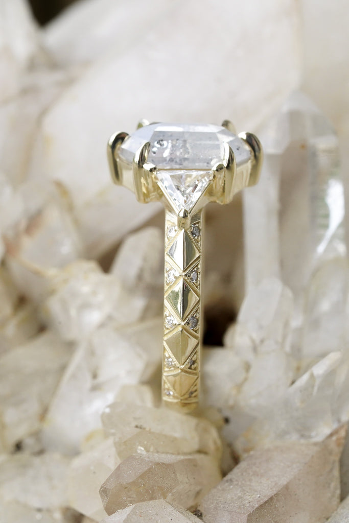hexagon salt and pepper diamond with white triangle side stones