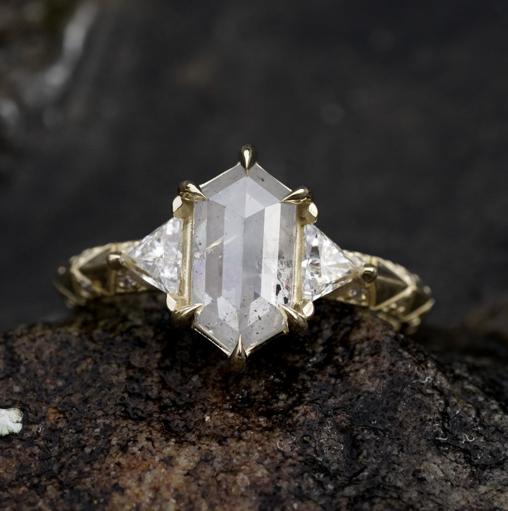 hexagon salt and pepper diamond with white triangle side stones