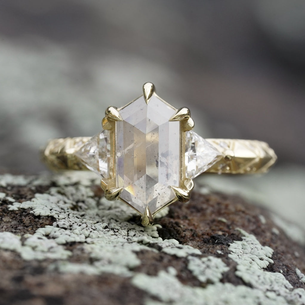 hexagon salt and pepper diamond with white triangle side stones