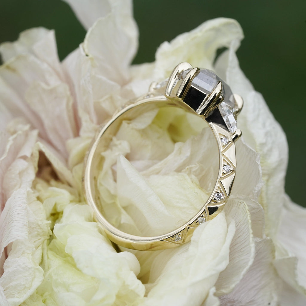 hexagon salt and pepper diamond with white triangle side stones