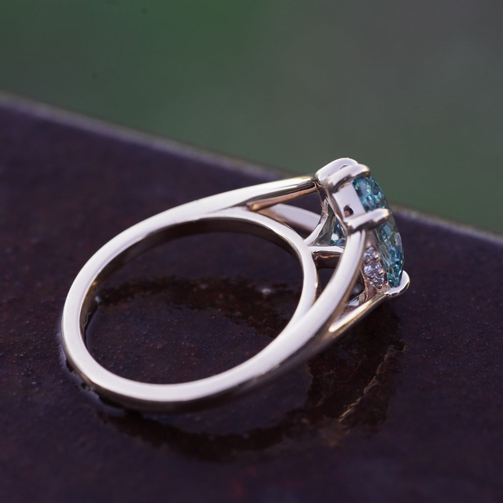 Side view of Grecian-inspired oval lab grown diamond engagement ring