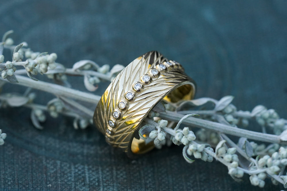 Diamond feather bohemian cigar band in 14k yellow gold 