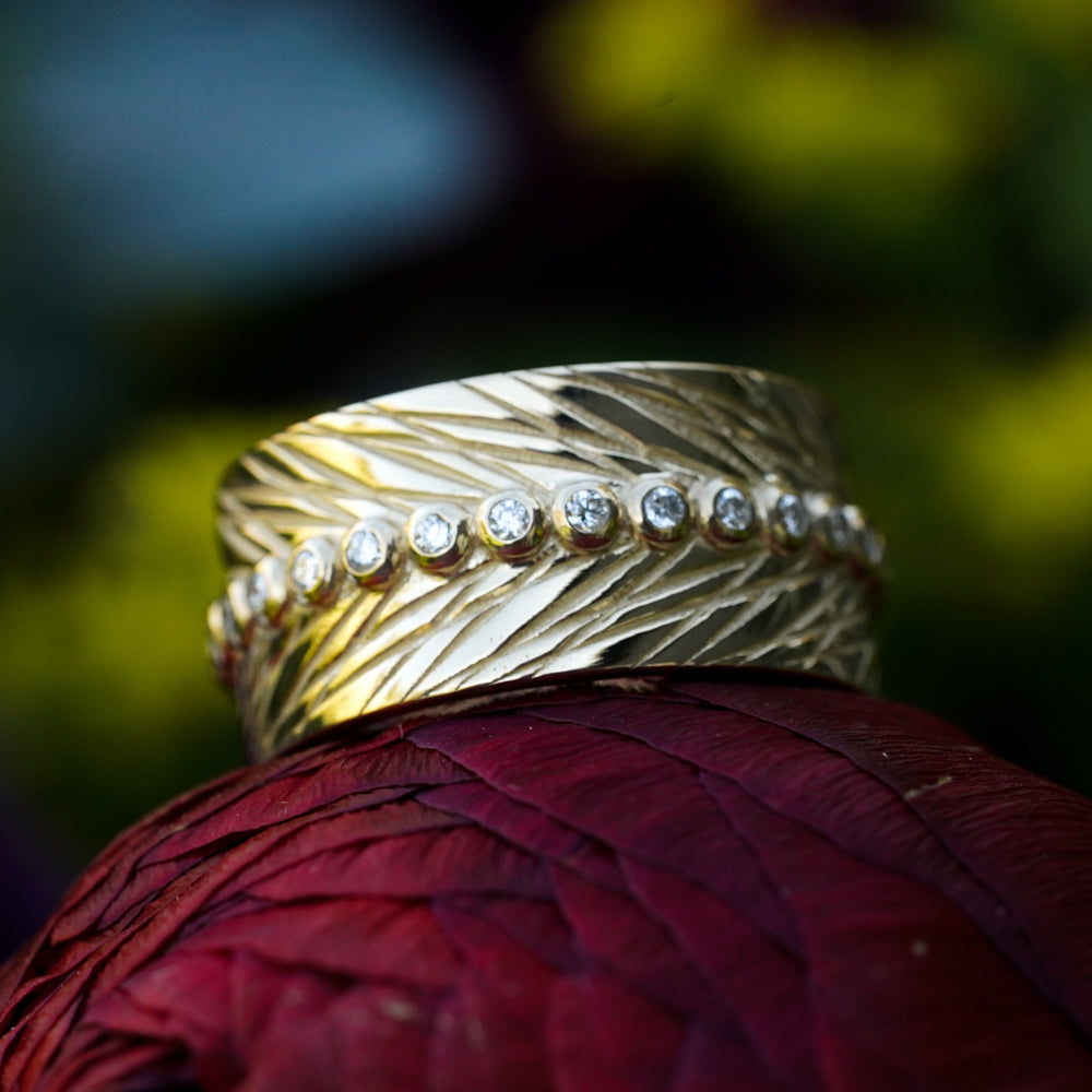 Diamond feather bohemian cigar band in 14k yellow gold 