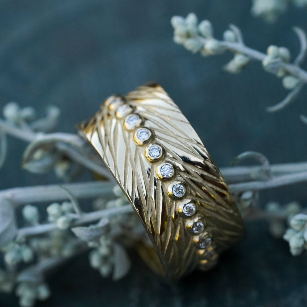 Diamond feather bohemian cigar band in 14k yellow gold 