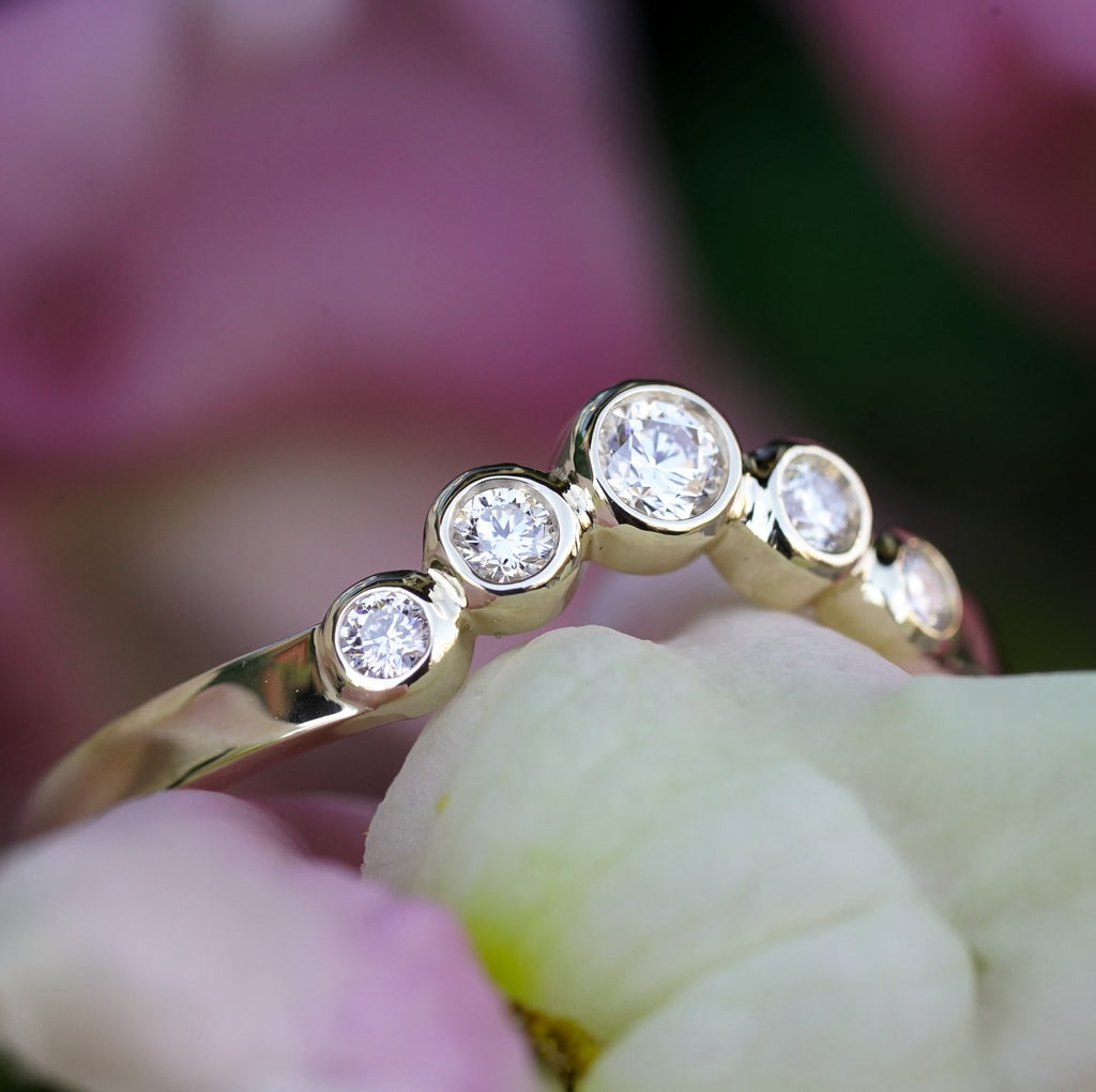 Round diamond bezel set contour wedding band boho bride