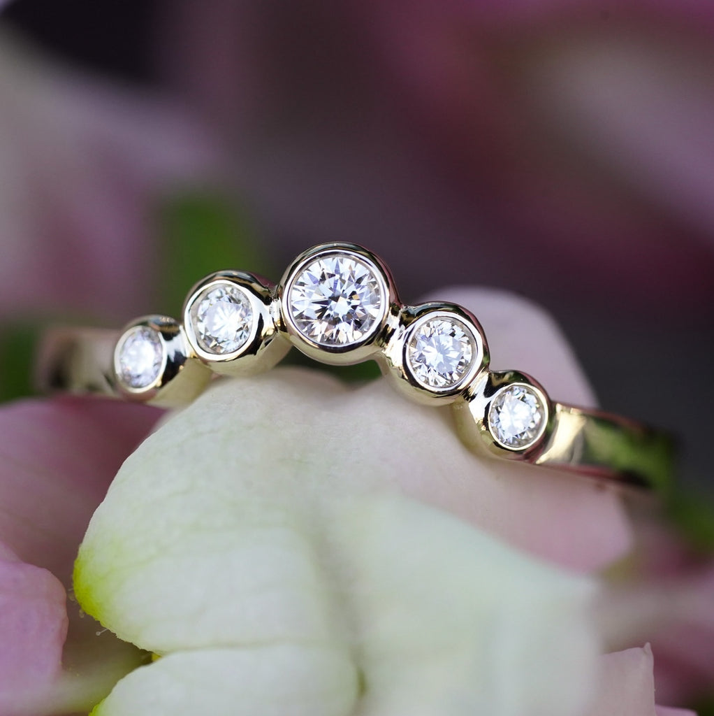 Round diamond bezel set contour wedding band boho bride