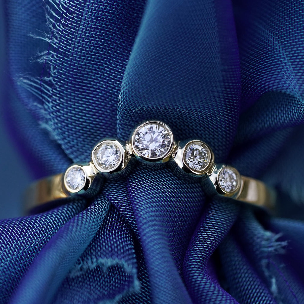 Round diamond bezel set contour wedding band boho bride
