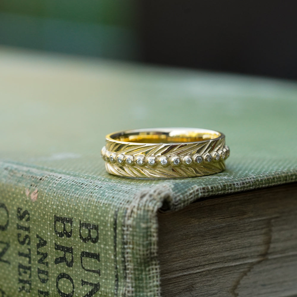 diamond beaded spine feather engraved bohemian gold wedding band 