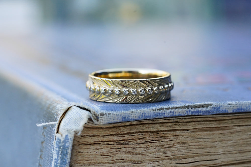 diamond beaded spine feather engraved bohemian gold wedding band 