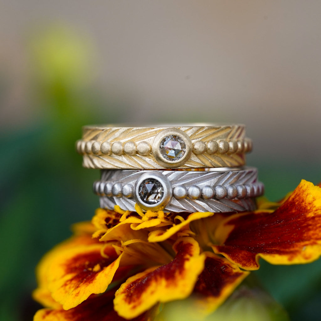 rosecut diamond feather wedding band boho bride gold 