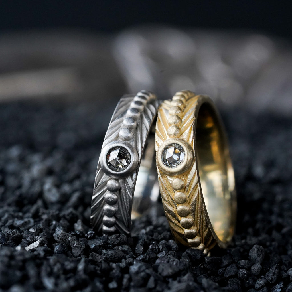 rosecut diamond feather wedding band boho bride gold 