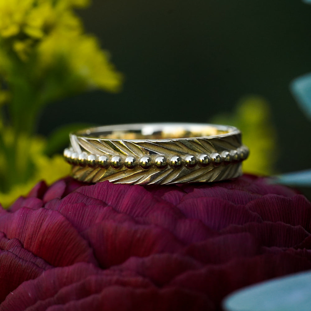 beaded spine feather engraved bohemian gold wedding band 