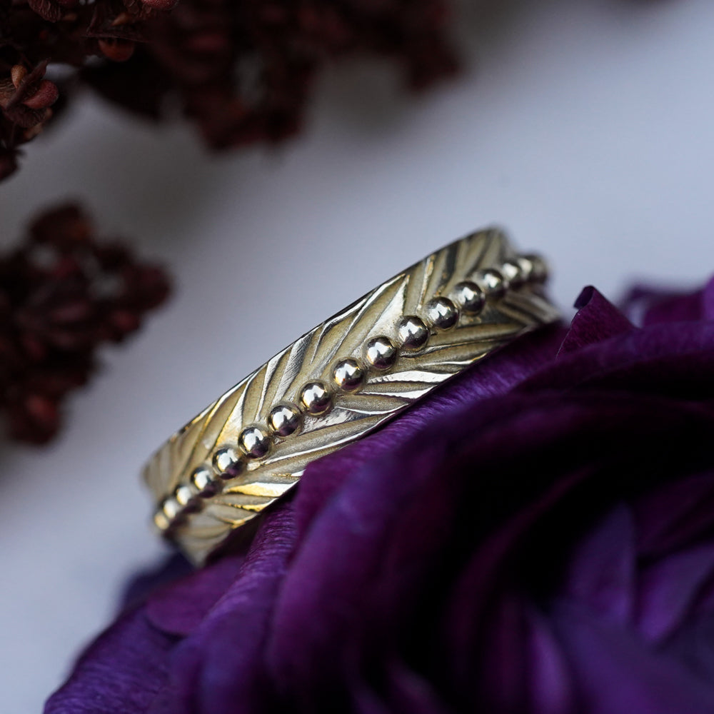 beaded spine feather engraved bohemian gold wedding band 
