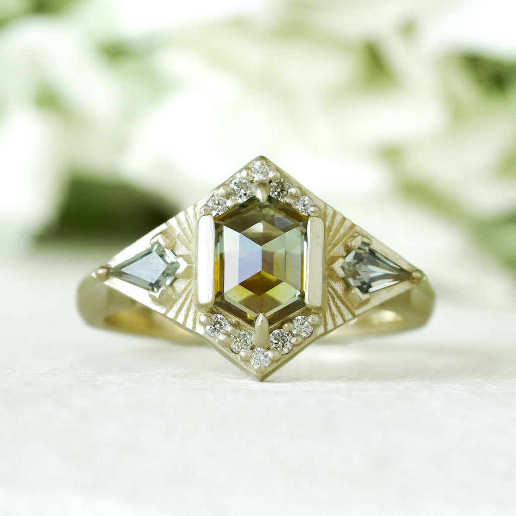 Hexagon and kite sapphires in 14k satin finish celestial engagement ring