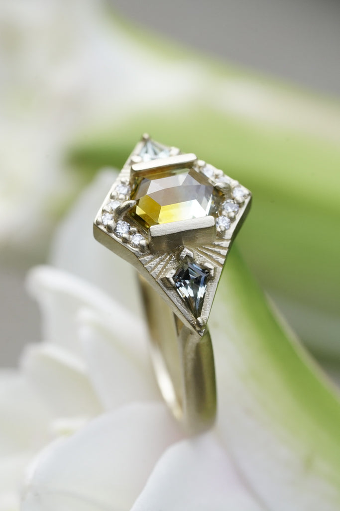 celestial engagement ring with Montana sapphire and diamond accents