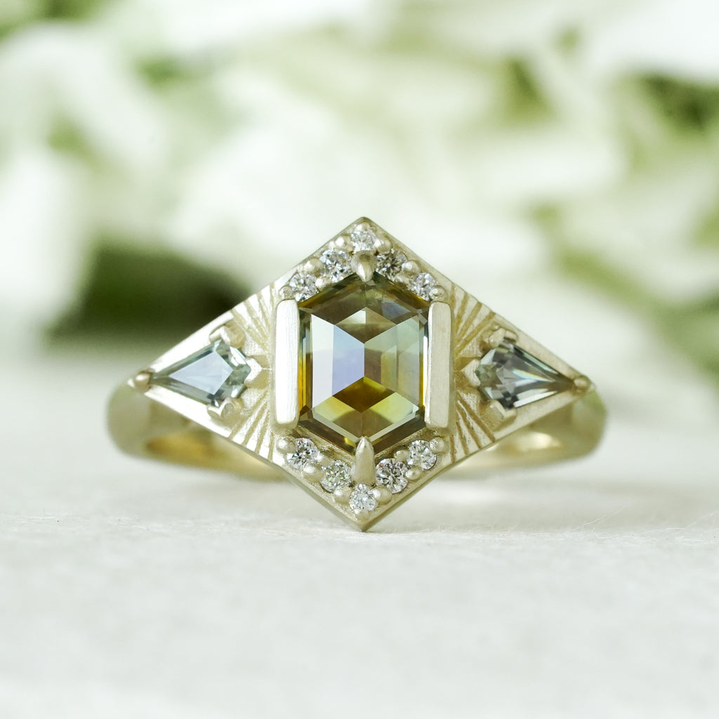 celestial engagement ring with Montana sapphire and diamond accents