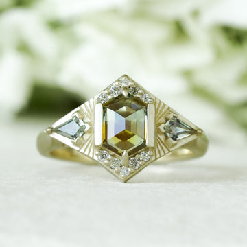 celestial engagement ring with Montana sapphire and diamond accents