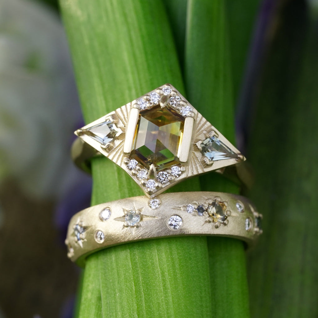 moon and stars engagement ring with kite sapphires