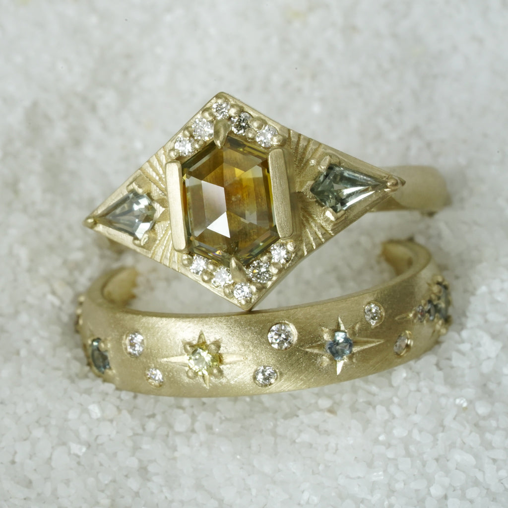 moon and stars engagement ring with kite sapphires